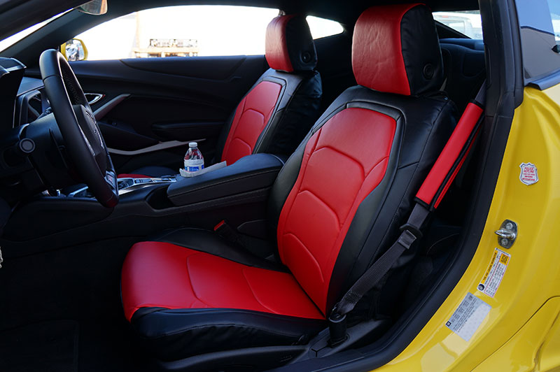 CHEVY CAMARO 2016- BLACK/RED LEATHER-LIKE CUSTOM FIT FRONT SEAT COVER ...